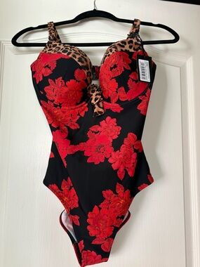 Bare Necessities One-Piece Swimsuit with Red Floral & Leopard Accents. NEW !